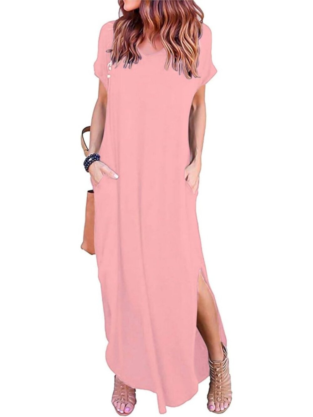 Women's Pink Summer Maxi Long Dress Casual Loose Short Sleeve Split Pockets